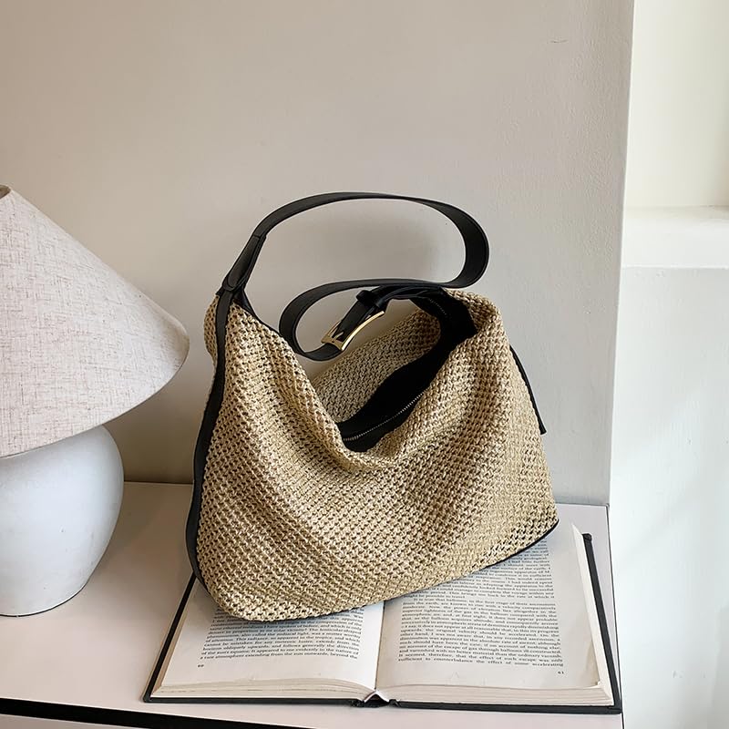 Borsa da spiaggia in paglia da donna, a tracolla, con chiusura a cerniera