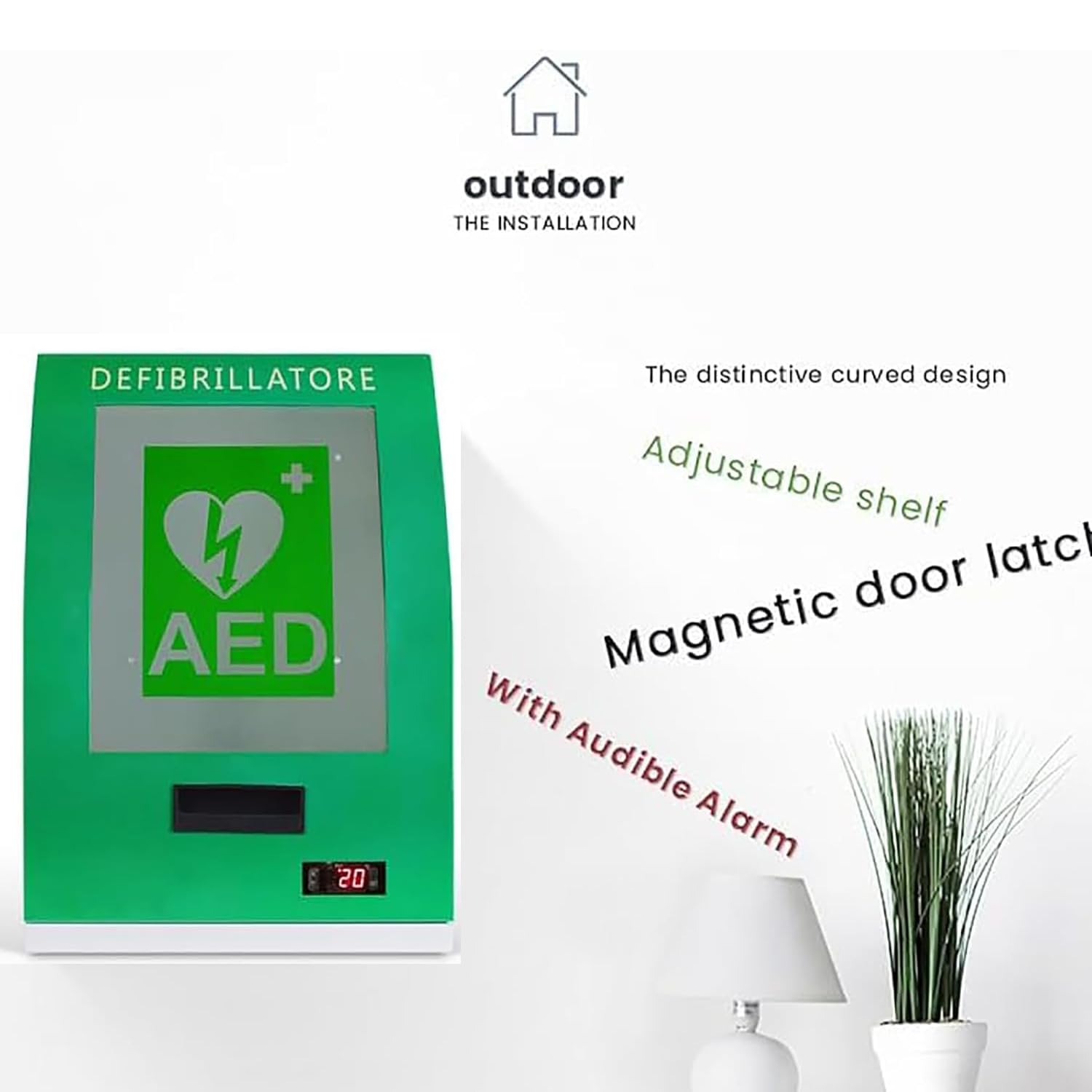 AED-Defibrillator-Aufbewahrungsschrank, Stahl-Aufbewahrungsschrank mit transparentem Fenster und Alarm, Trennwandposition einstellbar, für Pflegeheime, Schulen, Vereine