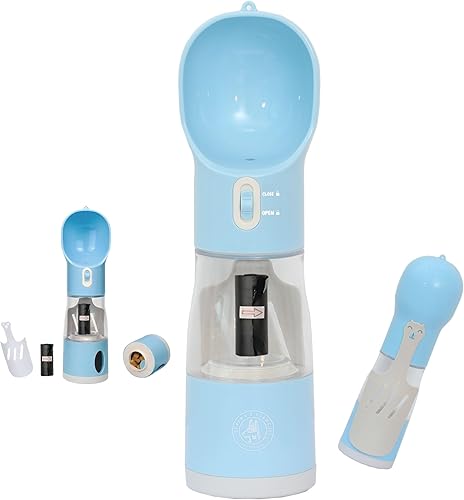 Botella de agua portátil todo en uno para perros, dispensador de alimentos, dispensador de bolsas de excrementos, contenedor de alimentos