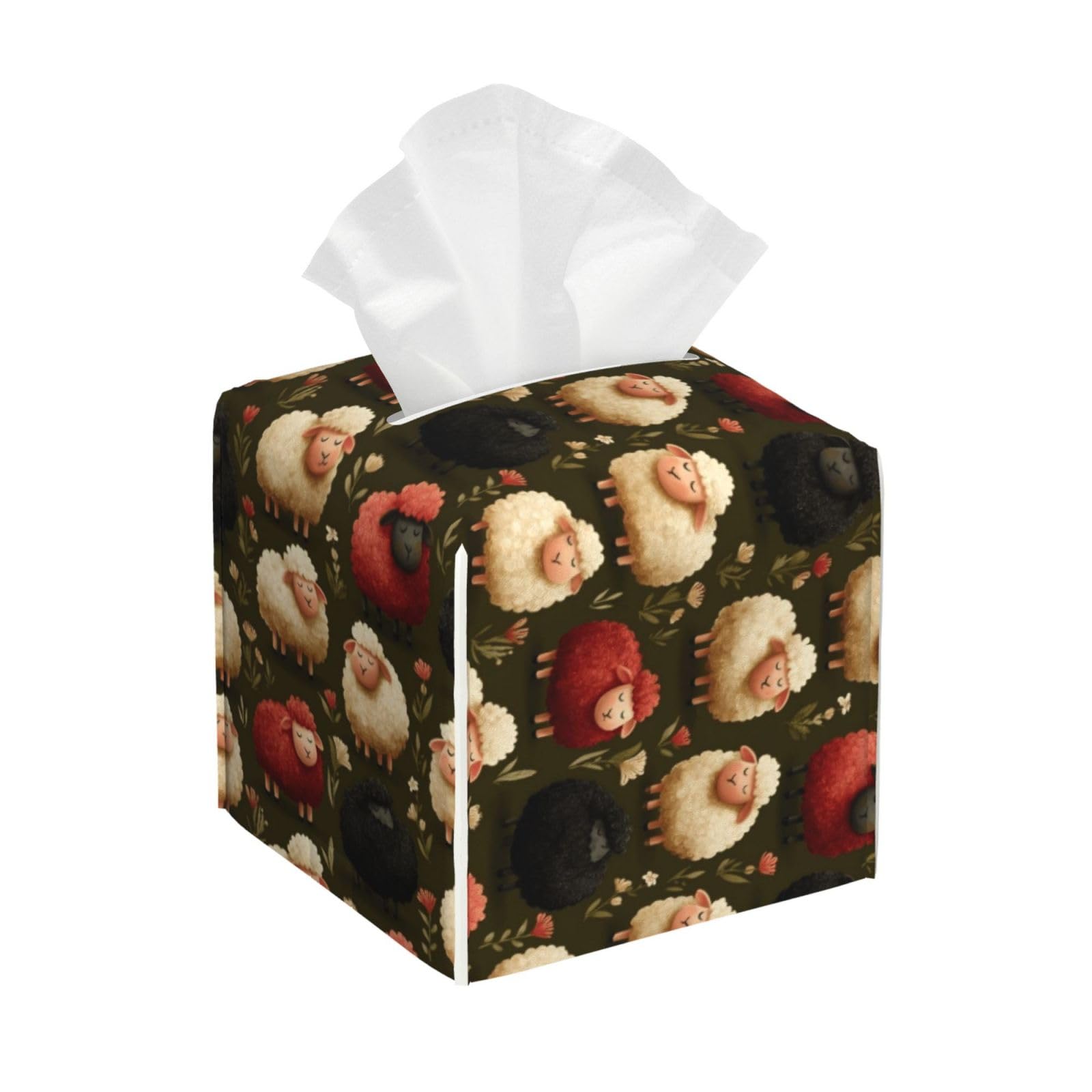 Cute Cartoon Sheep Farm Print Tissue Box Cover Holder Square, Foldable Modern Cube Tissue Box Cover, Leather Decorative Organizer for Tabletop Bathroom Car Office Desk Decor