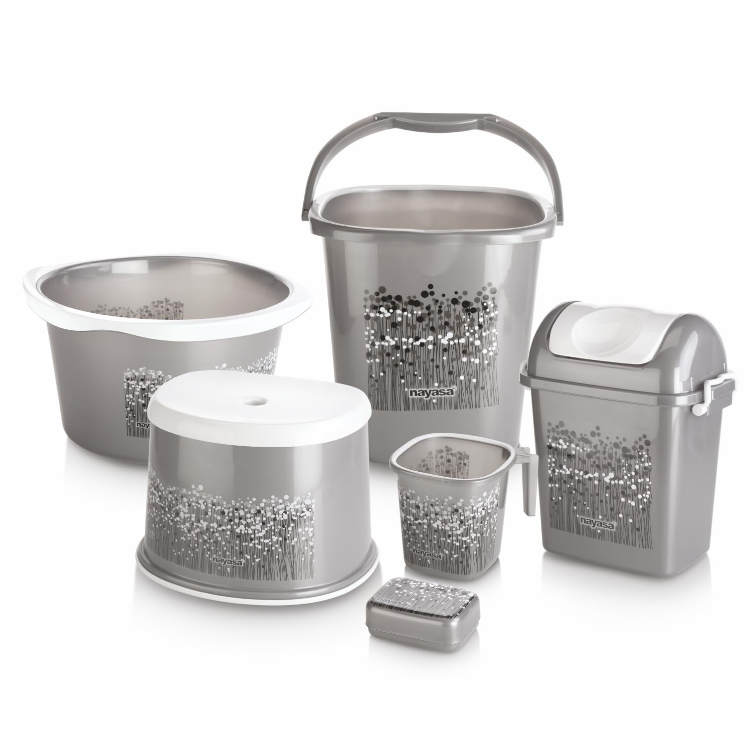 Nayasa Funk Bathroom Set DLX 6 Pcs | Bkt 25 L + Mug 1.5 L + Basin 20 L+ Dustbin 14 L + 509 Stool + Soap Case | Bathroom Accessory Set Plastic | Bathroom Set | Bath Set for Bathroom | Grey