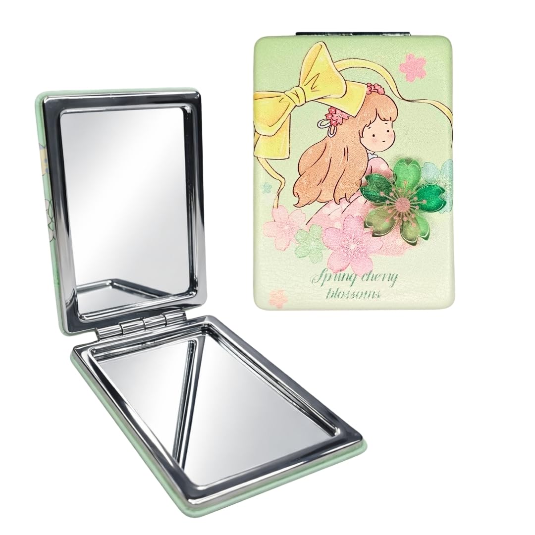 Vintage Green Floral Compact Mirror, Cute Folding Pocket Mirror with Cartoon Girl & Blossom Design, Portable Double-Sided Makeup Mirror for Purse Travel Gift for Girls and Women.-image-5