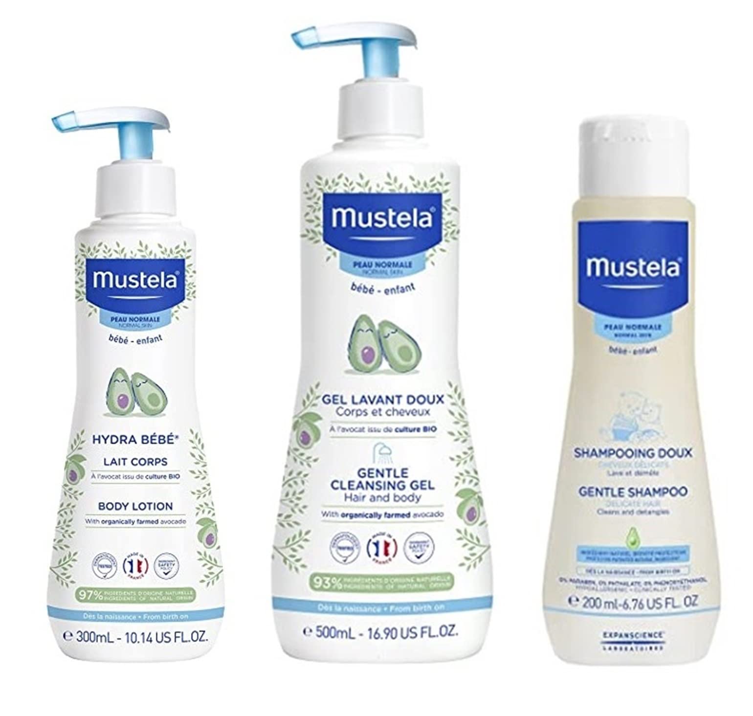 Mustela Bathtime Essential Set - 3 Must-Have Baby Bath Items - Includes Hydra Bebe Body Lotion, Gentle Cleansing Gel, & Gentle Shampoo - Complete Baby Care Kit - Perfect for Baby Gifting