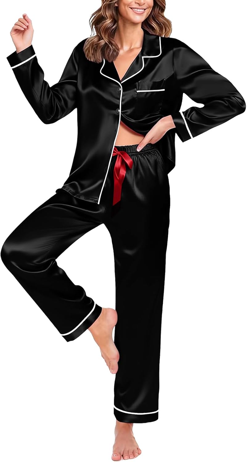 Womens Silk Satin Pajama Sets Long Sleeve,2 Piece Sleepwear with Button Down Top and Pants,Soft Loungewear