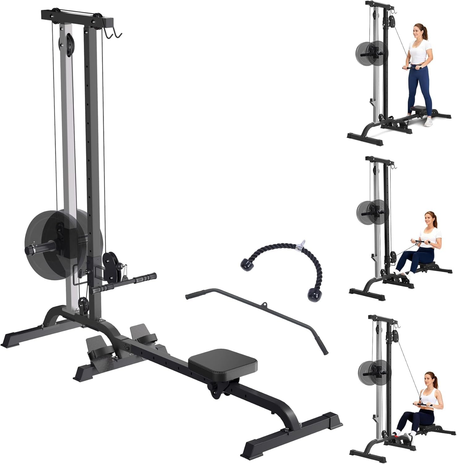 2 in 1 Rowing & Cable Machine Adjustable LAT Pull Down and Low Row Cable Machine with High and Low Pulley Stations, Multi-Function Compact Rowing