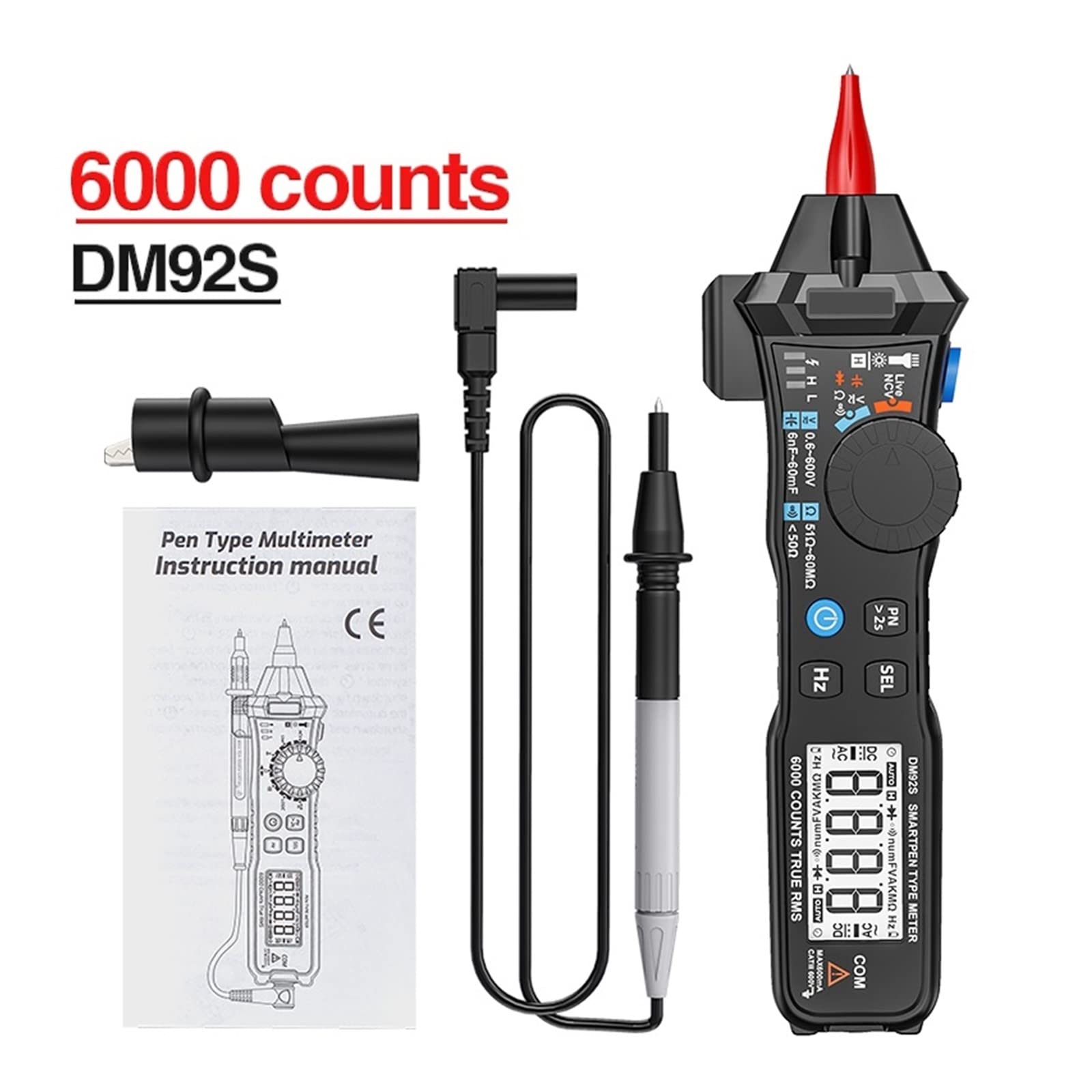 Multimetro digitale 6000 conteggi Penna tascabile Stile Gamma automatica/Multimetro intelligente Rilevamento NCV Tester di tensione CC/CA(DM92S Smart mode)