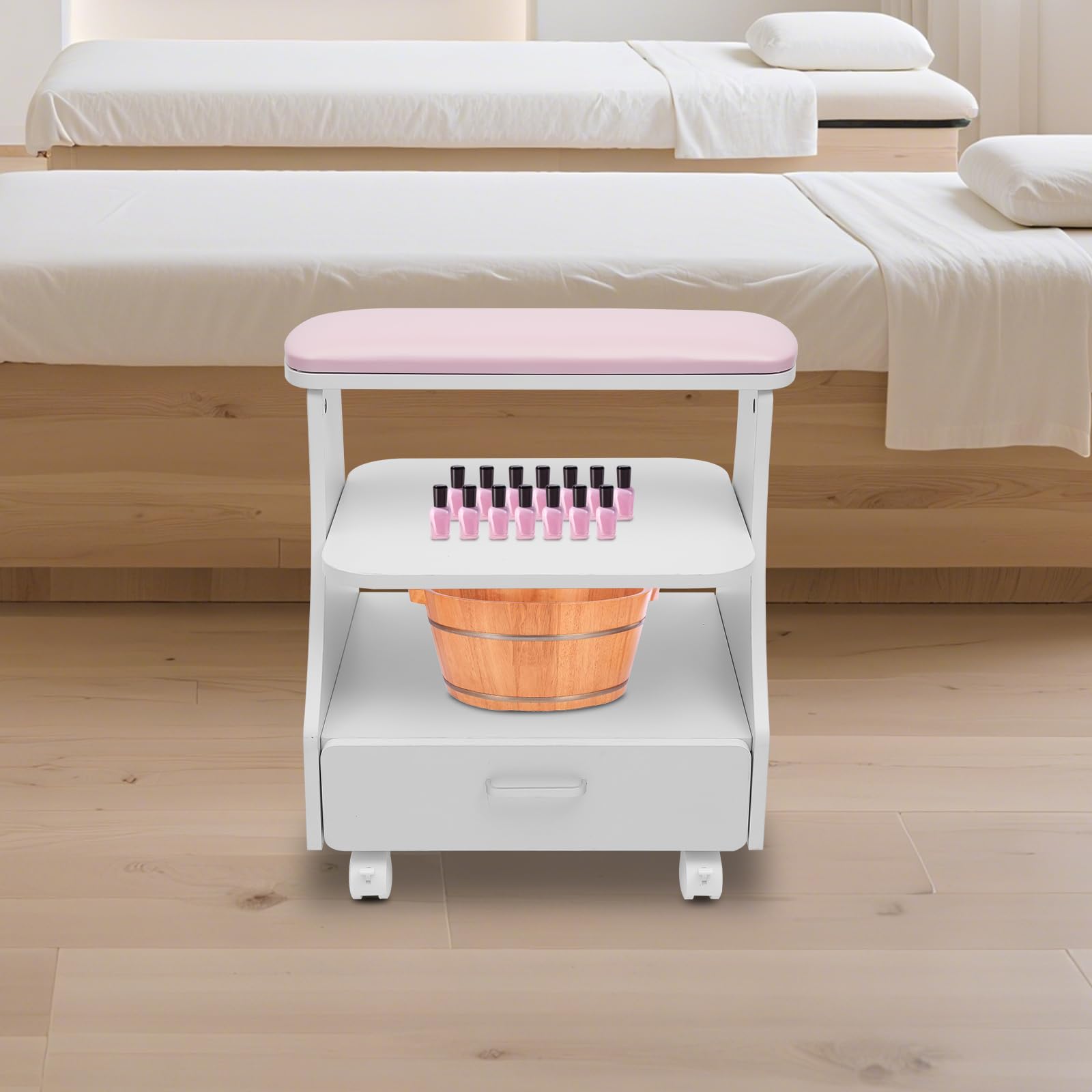 Wózek do manicure, pedicure, różowy, z płyty MDF, z 3-stopniową przestrzenią do przechowywania i kółkami, do salonu paznokci i pielęgnacji stóp