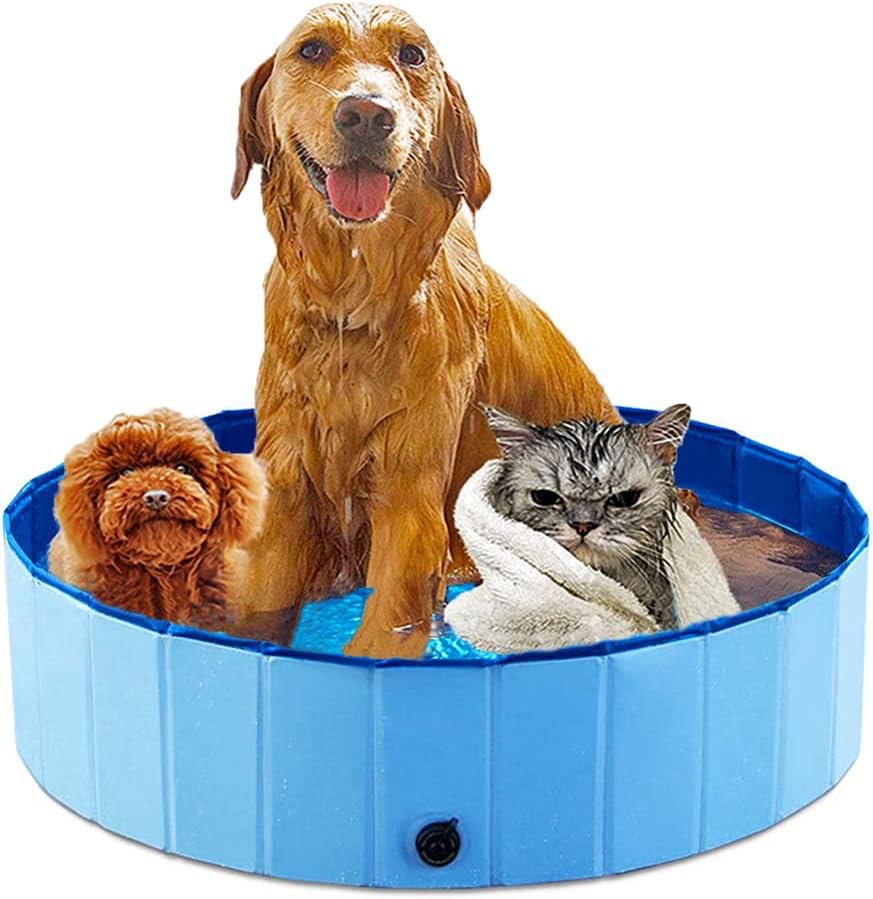 Dog paddling pool foldable pet dog pools puppy swimming pool PVC Round Shape Bathing Tub playing pool for Pets& Kids Indoor/Outdoor—80*20cm Blue