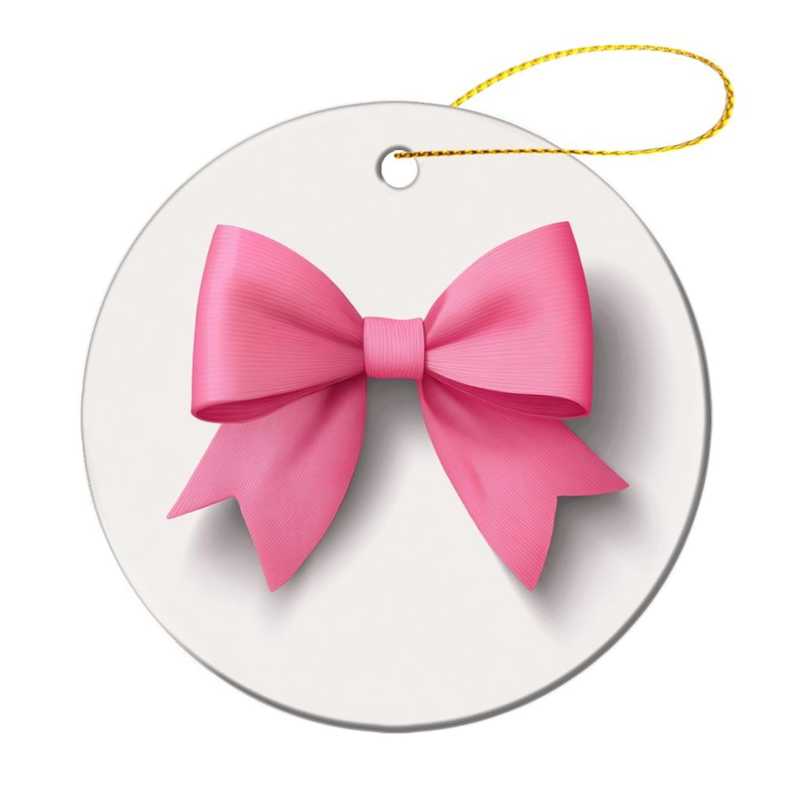 Pink Ribbon Bow on White Christmas Tree Hanging Ornaments,2 Pieces, 7.2CM Round Double-Sided