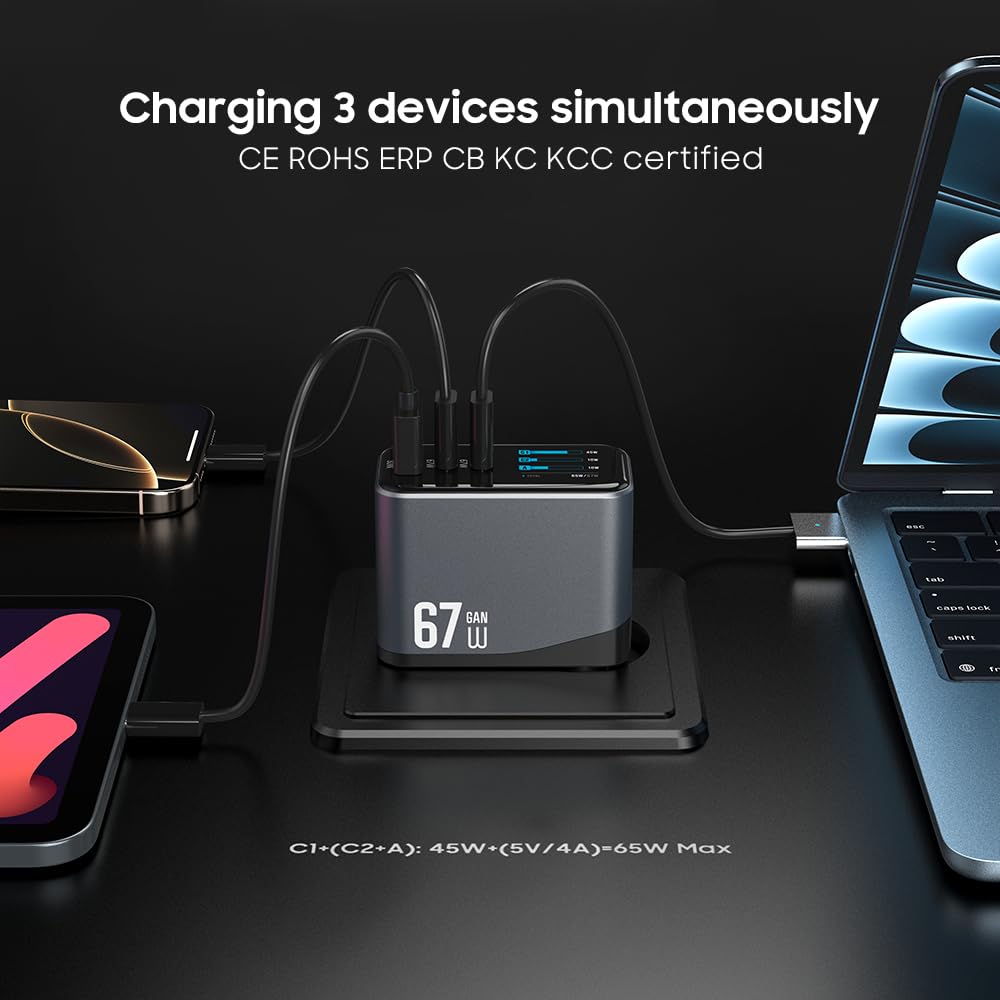 67W USB C Ladegerät GaN, 3-Port Schnellladegerät mit 2X USB-C PD & USB-A QC 3.0, Fast Charger für MacBook Air, MacBook Pro, iPhone 17/16/15, Samsung Galaxy, iPad, Laptop