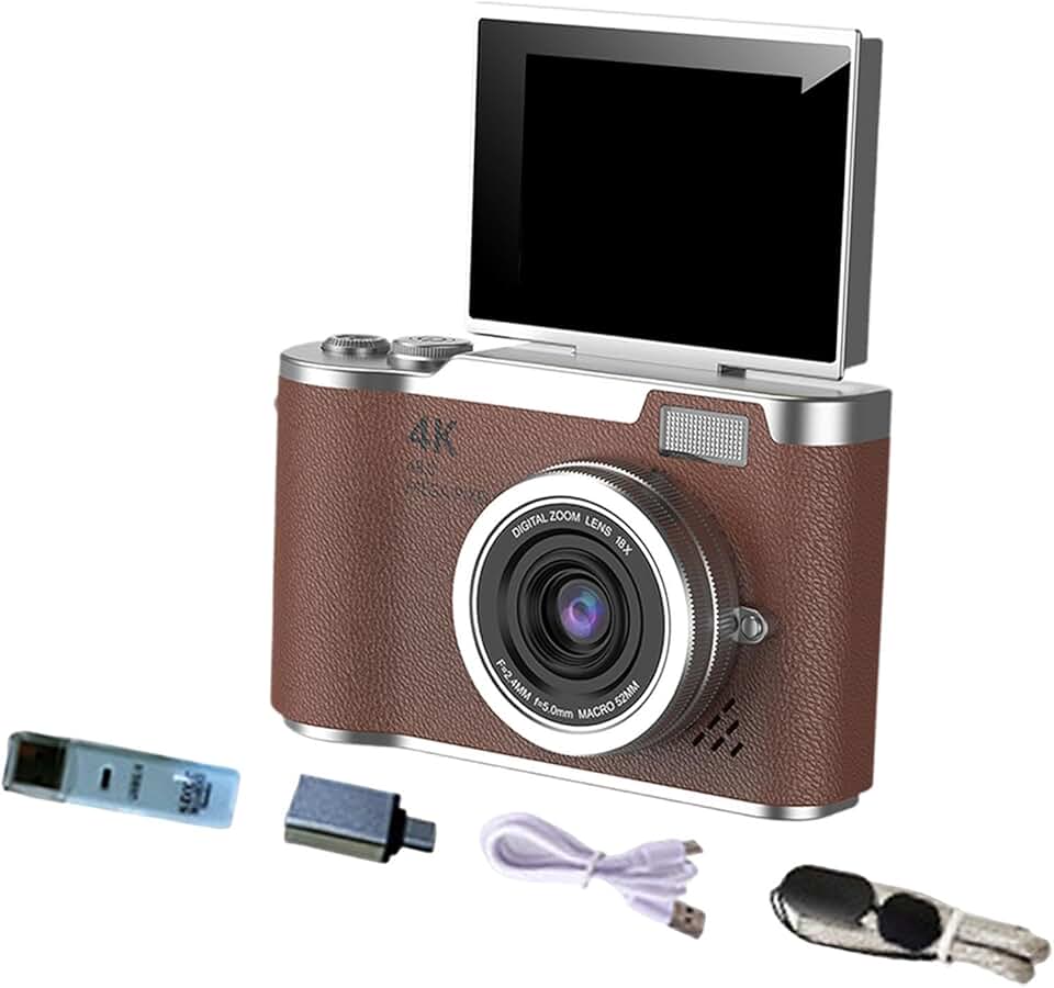Câmera digital com digital de 8x, câmera de vlog com tela flip de 180° para iniciantes e adultos, Marrom