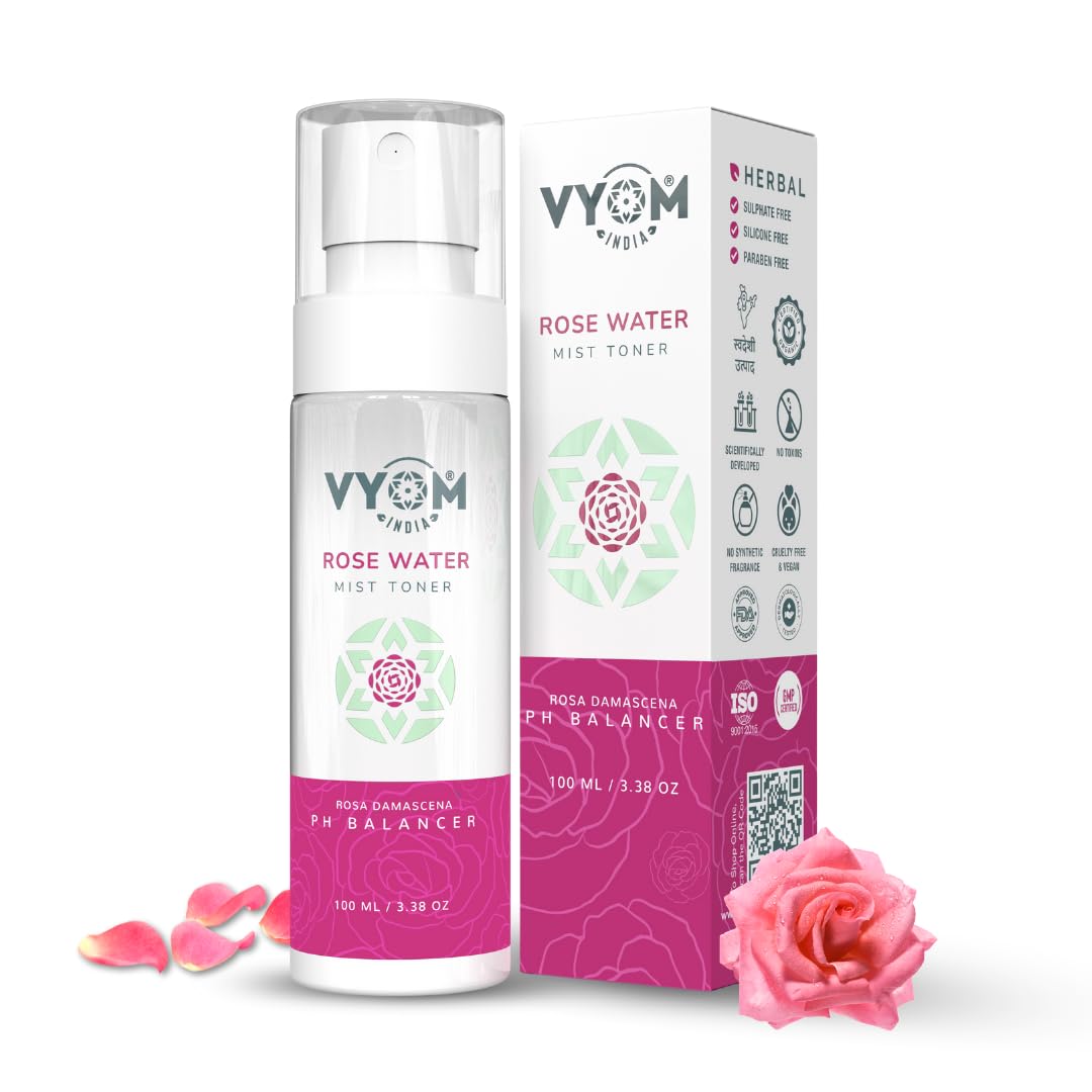 Vyom India Bulgarian Rose Water Face Toner Spray for Men & Women 100ml | For All Skin Type | Pore Tightening, Alcohol & Glycerin -Free | World's Best Premium Bulgarian Roses (Rosa Damascena)