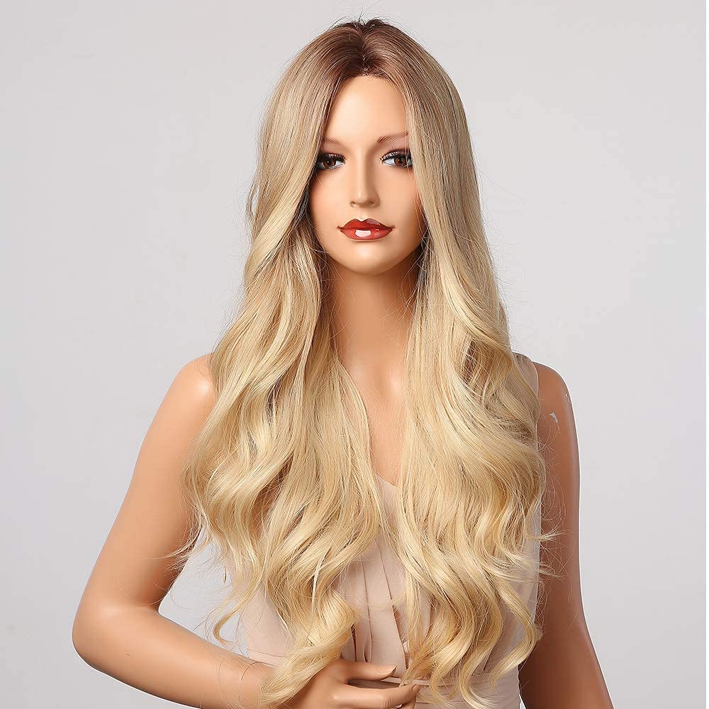 NAYOO 26 Inch Long Wavy Blonde Wig for Women, Honey Blonde Wig with Dark Roots, Natural Looking Ombre Beach Wave Synthetic Wig, Middle Part Heat Resistant Fiber Wig for Daily Wear Party Cosplay