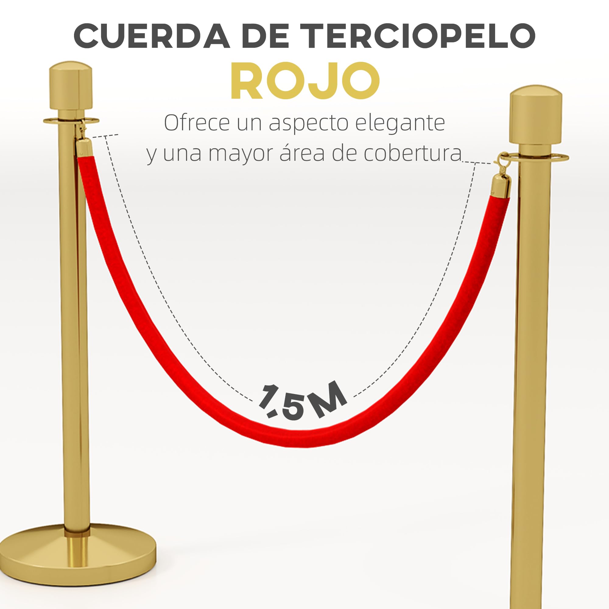 HOMCOM Juego de 2 Postes Separadores de Acero Inoxidable, Barreras de Seguridad con Cuerda de Terciopelo Roja 1,5 m y Base Rellenable de Agua, Dorado