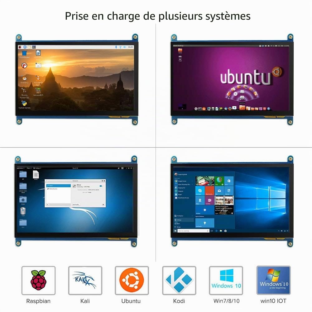 Moniteur IPS 7" 1024 x 600 HD TFT LCD avec écran tactile pour Raspberry Pi B +/2B Raspberry Pi 3 Windows 10/8.1/8/7