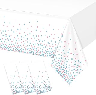 3Pack White and Pink Blue Plastic Tablecloth, White Disposable Table Cloth for Rectangle Tables, Pink Blue Stamping Dot White Tablecloth for Gender Reveal Baby Shower Birthday Party Supplies, 54"x108"