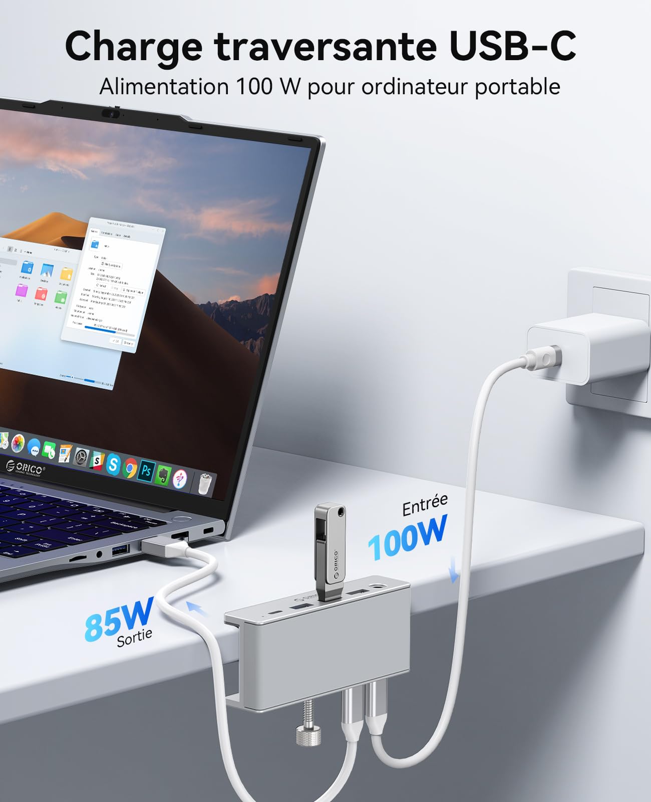 Station d'accueil Clip ORICO, Hub USB-C 8-en-1 avec HDMI 4K@60Hz, PD 100W, Ethernet Gigabit, 4xUSB, AUX, 10Gbps USB C Hub pour Laptop, MacBook, PC (Adaptateur Non Inclus)