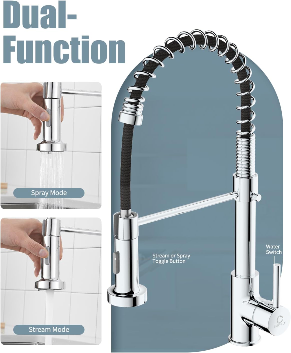 Kitchen Faucet, Commercial Kitchen Sink Faucets with Pull Down Sprayer, Stainless Steel Faucets for Kitchen Sinks, Dual Function Spray Head, Single Handle Spring Kitchen Faucets -Chrome Finish