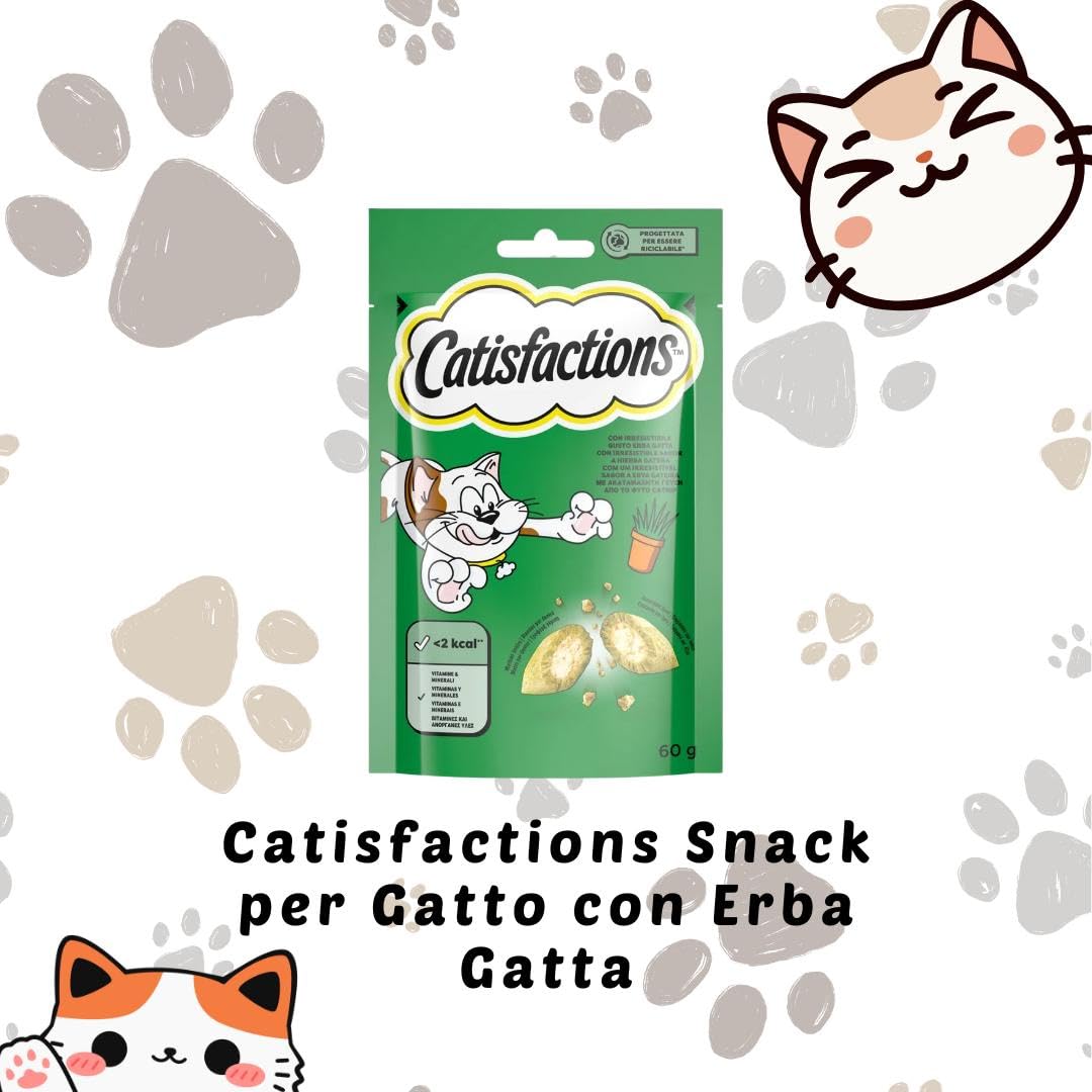 Snack para gatos Catisfactions, snack para gatos adultos y cachorros sabor hierba gata. 6 paquetes de 60 gramos cada uno.
