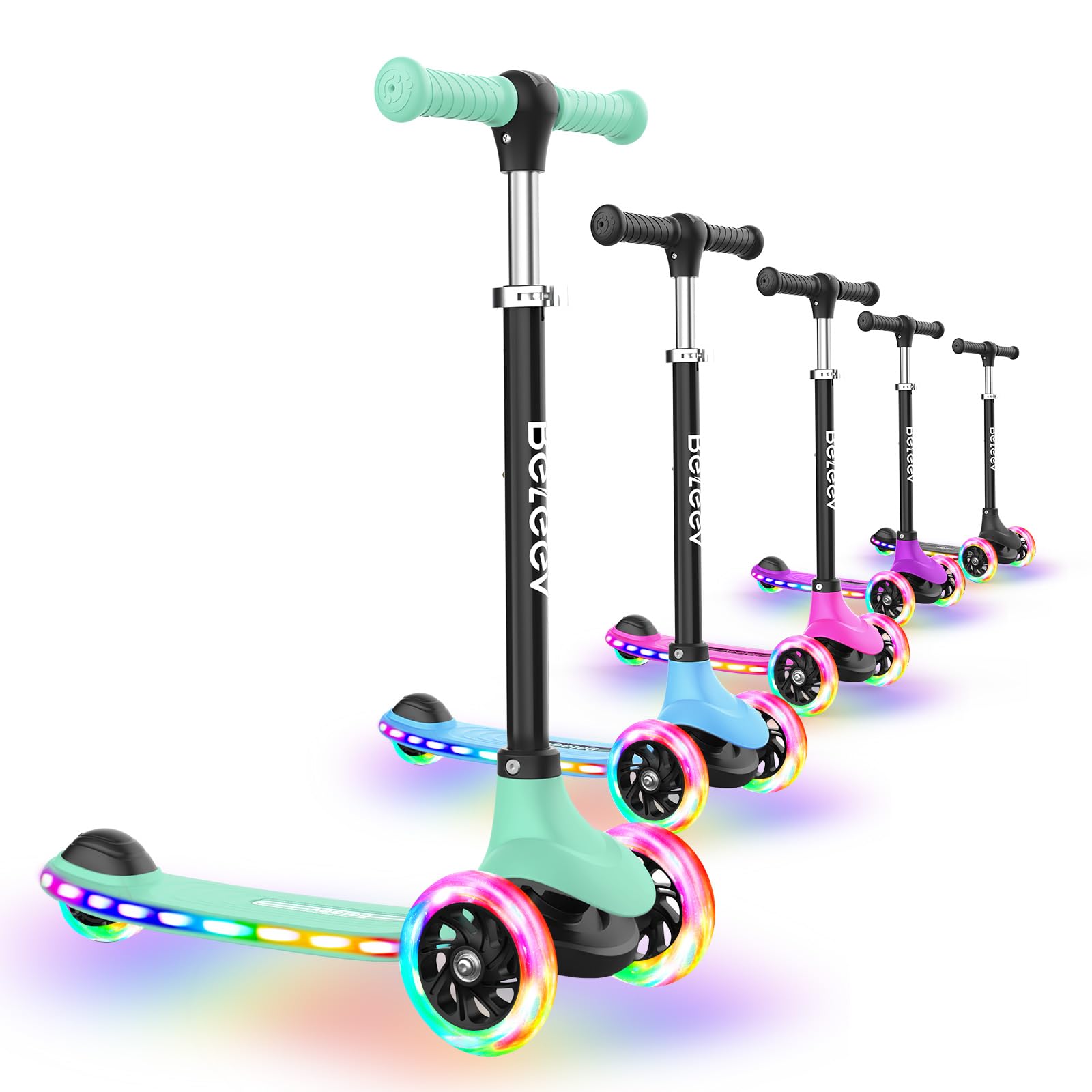 BELEEV A6 Patinete Niño 3-8 Años con LED Luces Ruedas & Deck, Patinete 3 Ruedas 4 Altura Ajustable, Cubierta Antideslizante Scooter, Patinete Ligero Marco Resistente, Patinete Niño Niña6 años
