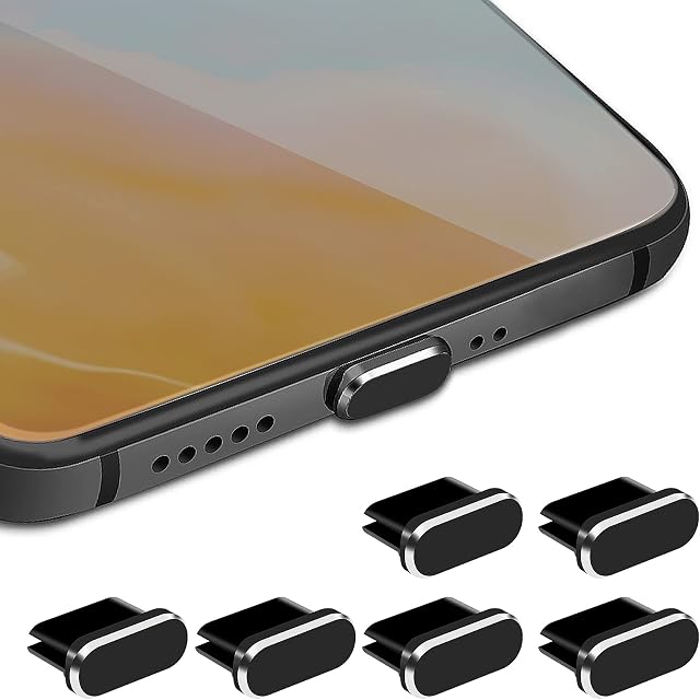 Cobee Type C Dust Plug Set, 6 Pieces Aluminum Alloy USB C Anti Dust Cover Caps Charging Port Cover Type-C Metal Dust Protectors Stopper for Smartphone Laptop(Black)