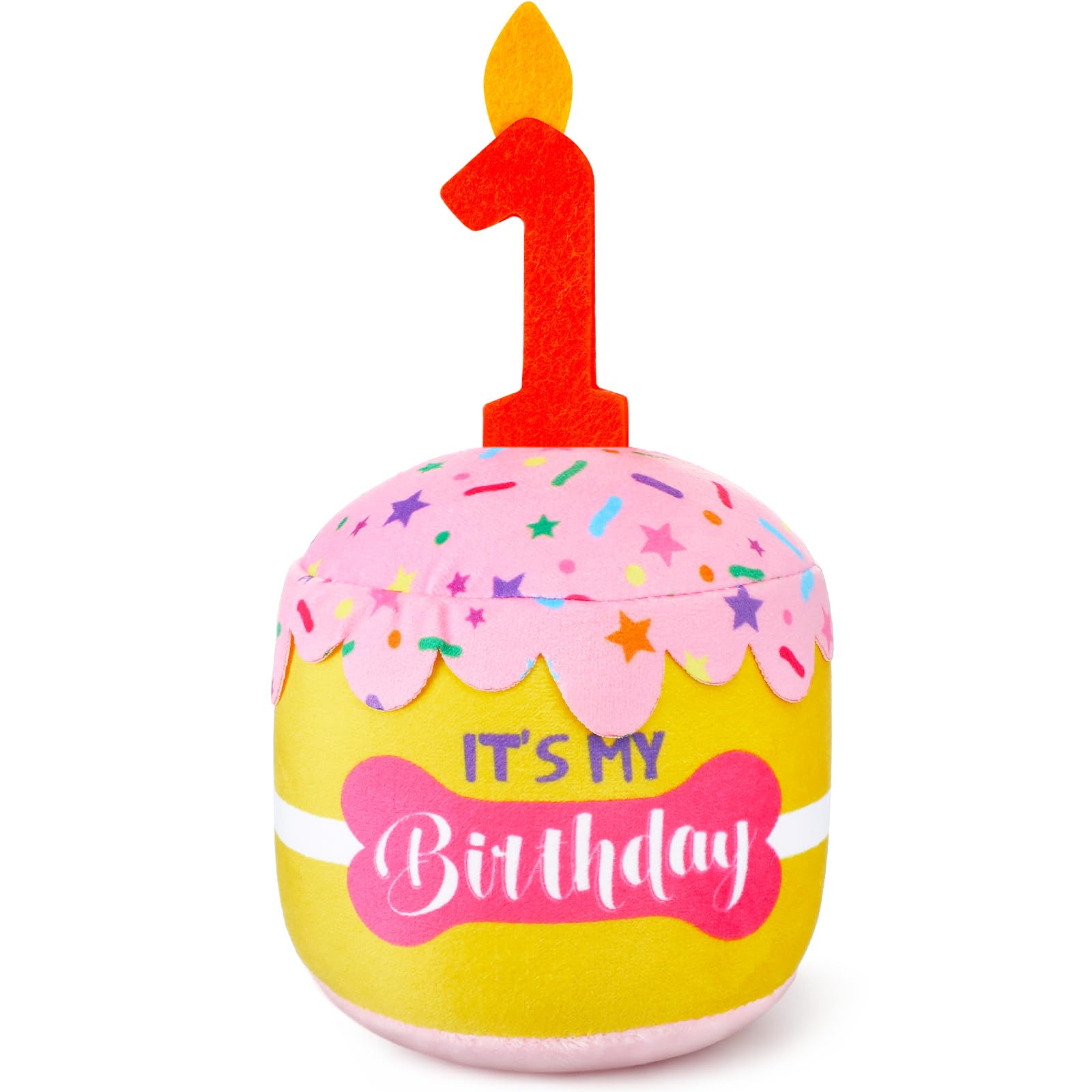 Dansydaisy Dog Birthday Cake Toy Squeaky Plush Gift,1st,Pink and Yellow