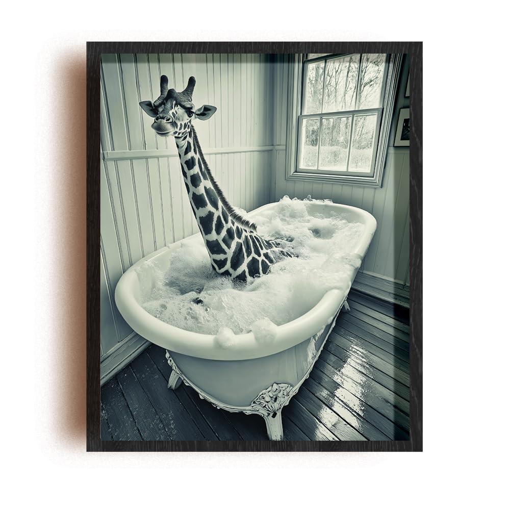 (Unframed) (11x14 Inch) Satin Wall Art Print Of Black and White Cute Giraffe bath monochrome photography - Eco-Friendly Poster, Custom Decor for Home,