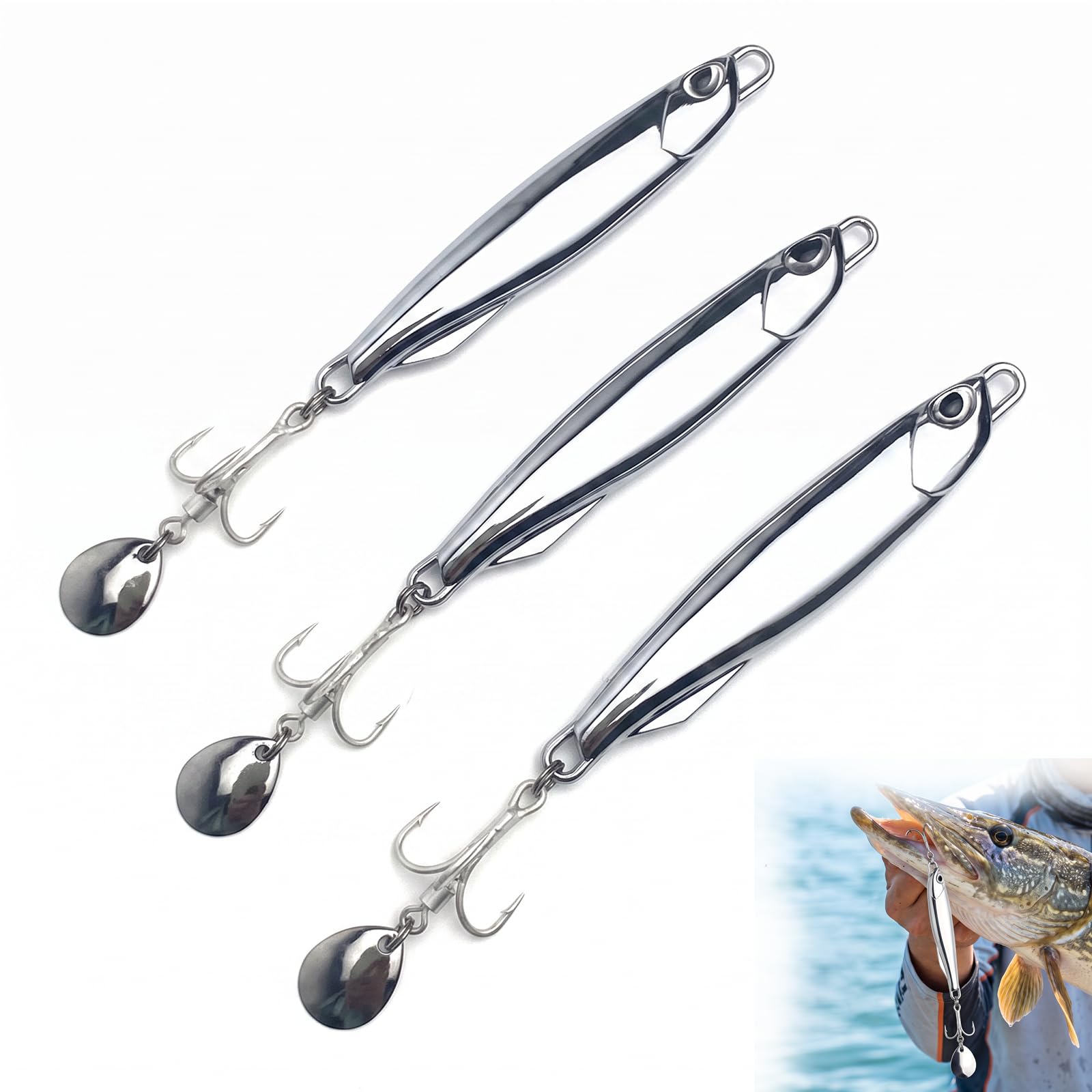 3 PCS Sea Fishing Lures 30g Metal Jigs and Spoons, Zinc Alloy Fishing Lures with Treble Hooks, 10cm Casting Lures for Mackerel, Bass, Cod, Pike, Saltwater and Freshwater Fishing