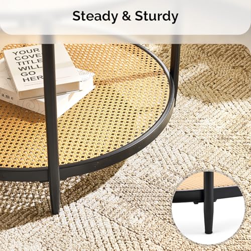 Image of VINGLI 30 inch Round Coffee Table with Rattan Shelf, Glass Coffee Tables for Home Decor, Modern Coffe Table with 2-Tier Storage, Circle Center Table for Living Room, Office, Small Space, Black