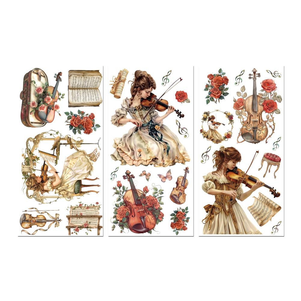 Peacoblue Baroque Rub on Transfers for Crafts 3Pcs Violin Female with Flower 15cmx30cm