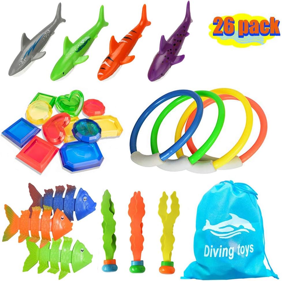 YJOO 26Pcs Diving Toys Underwater Children's Toys Diving Pool Toy Rings Toypedo Bandits Stringed Octopus & Diving Fish Underwater Treasure Gift Sets