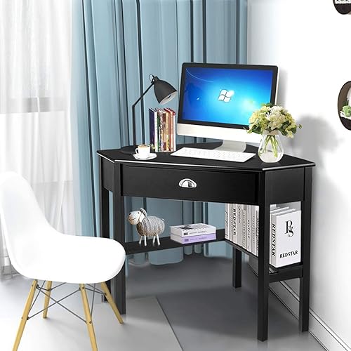 Miniatura 5 de RELAX4LIFE Escritorio esquinero para computadora triangular con cajón y estantes, mesa estable para computadora portátil, escritorio para oficina en