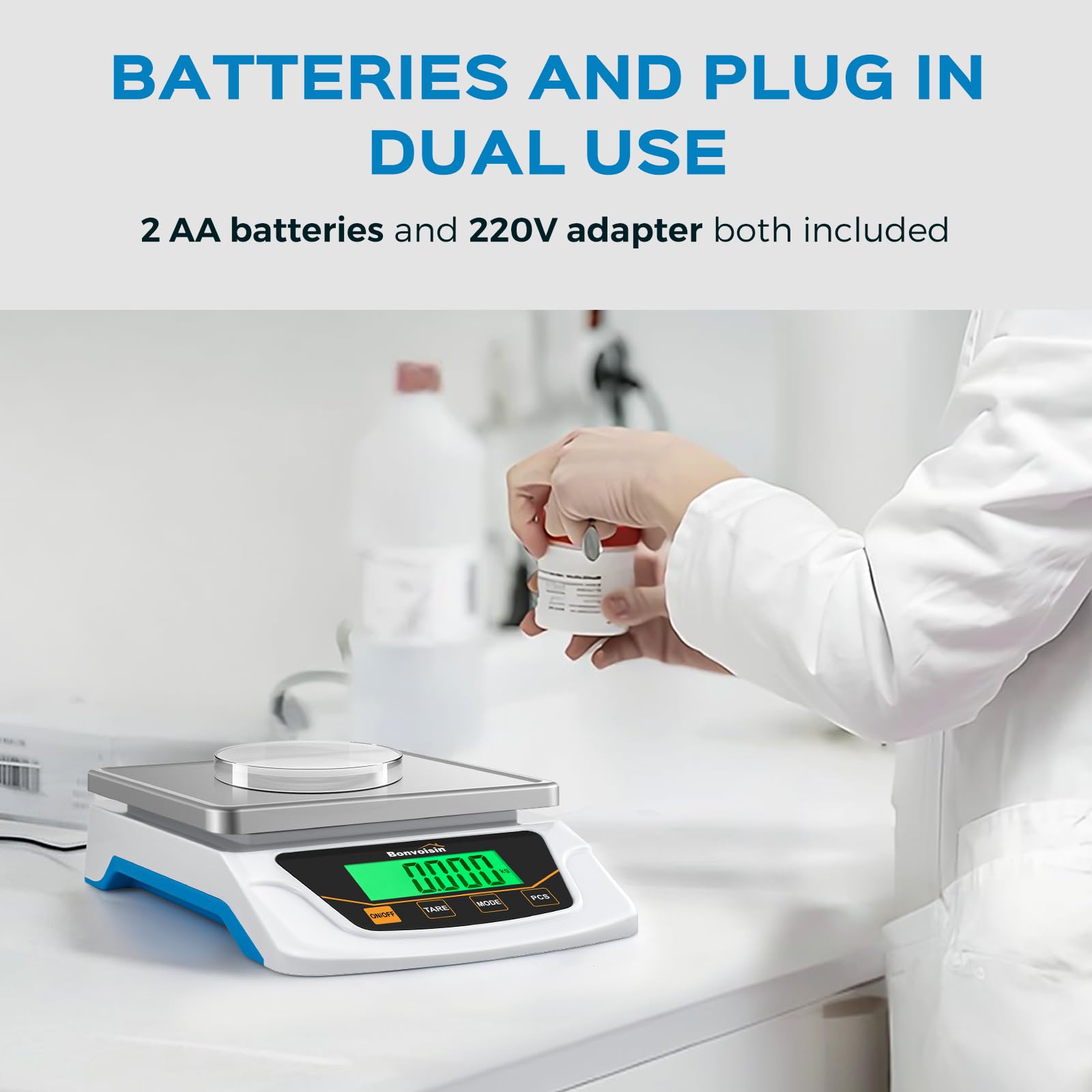 Bonvoisin Präzisionswaage 6000g x 0,1g, Digitale Laborwaage mit 6 Einheitenumrechnungen, Zähl- & Tara-Funktion, Edelstahl-Wägeplatte, Dualer Betrieb & Auto-Off, für Labor, Juweliere, Bildung
