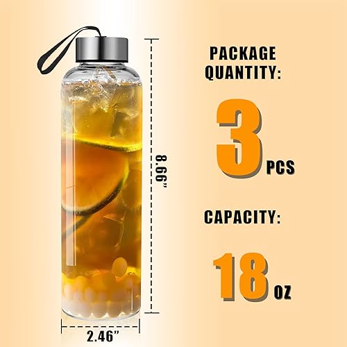 Miniatura 2 de GoldArea Botellas de agua de vidrio, paquete de 3 botellas de vidrio de 18 onzas con tapas para jugo, limpiezas de jugo y botellas reutilizables