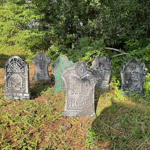 Halloween Decorations Foam Tombstones Graveyard Headstone with 12 Plastic Stakes for Halloween Yard Decorations, Lightweight RIP Tombstone for Halloween Outdoor Lawn Yard Garden Decor - 6 Pcs