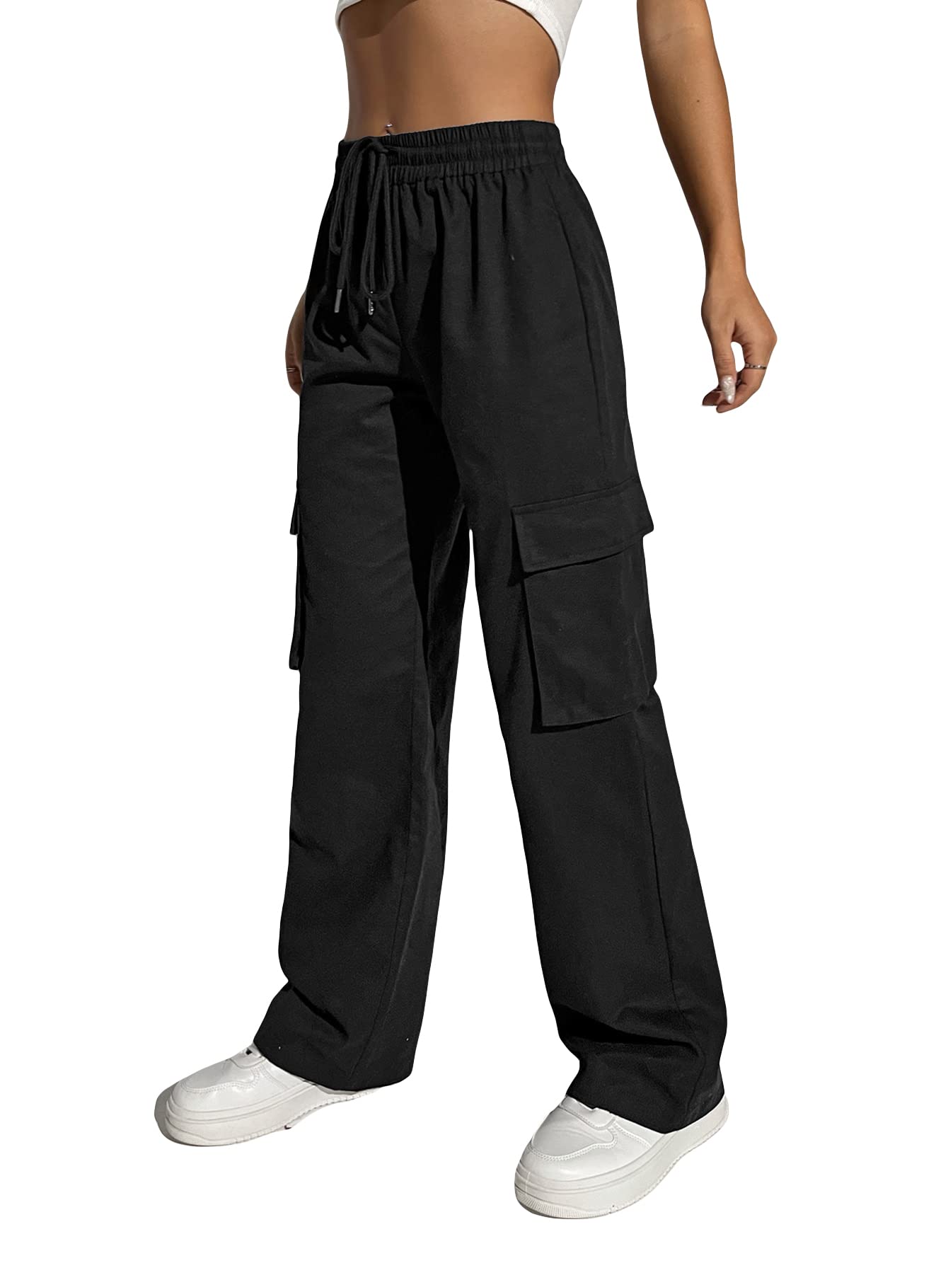 SOLY HUX Women's Drawstring Cargo Pants Large Solid Black