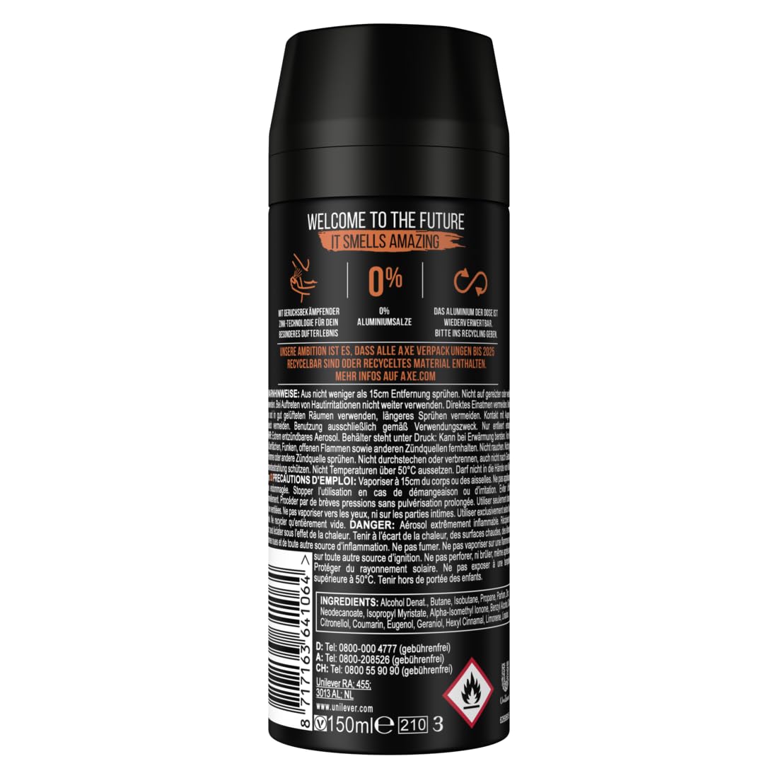 AXE Desodorante en spray de almizcle, 8 x 150 ml, desodorante en aerosol, desodorante para hombre, sin aluminio, para hombre