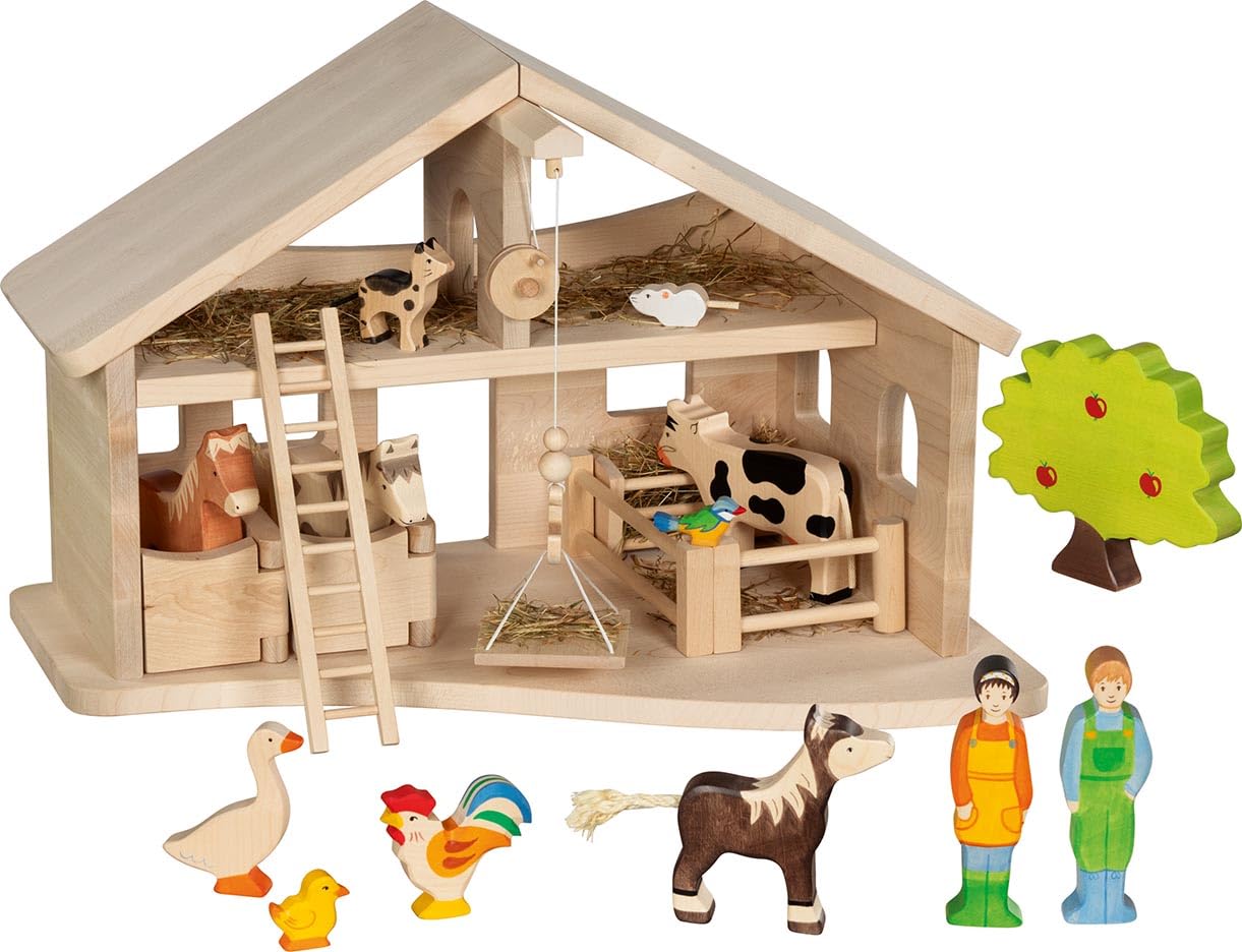 Holztiger 80613 – drewniana stajnia z wyciągarką linową – naturalny kojec dla zwierząt gospodarskich, 56,5 x 38 x 38,5 cm, od 3 lat