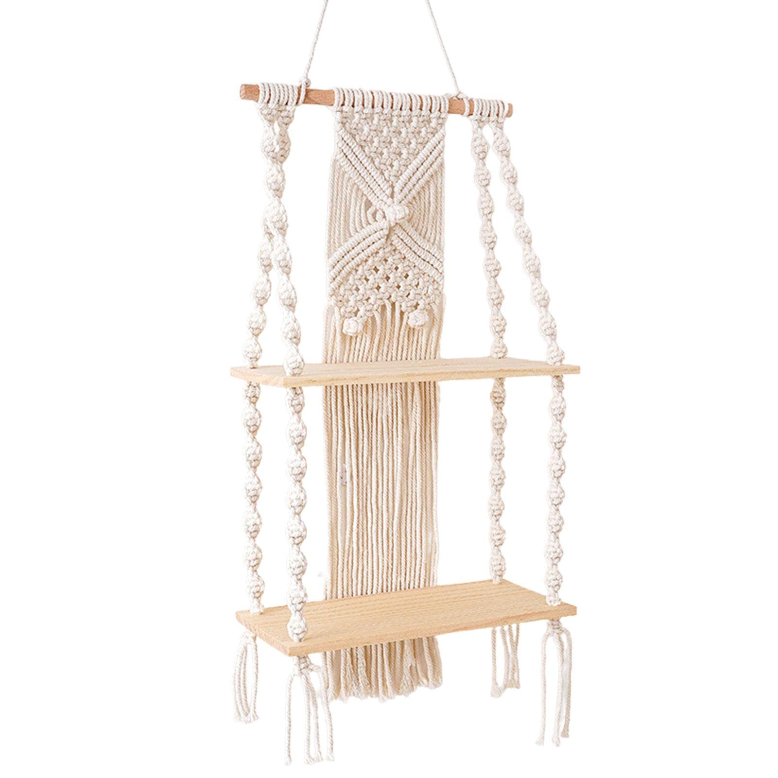 Maodom Wall Hanging Shelf With Rope Tapestry Macrame, Boho Style Floating Wall Mount Shelving, Rustic Floating Shelf Multiple Tiered Shelving Wall Hanging Storage Home Storage Organisation