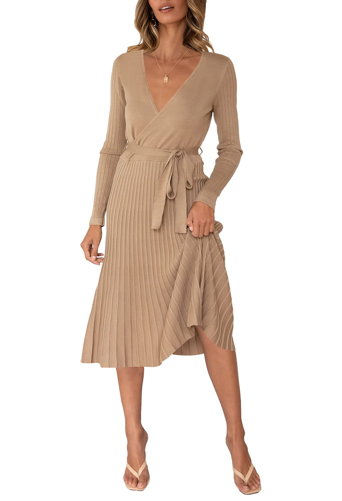 Pink Queen Women's Wrap Sweater Dress V Neck Long Sleeve Ribbed Swing