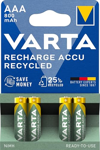 VARTA Batterien AAA wiederaufladbar 4 Stück Recharge Accu Recycled 800 mAh Ni-MH Akku aus 25 % recyceltem Material vorgeladen sofort einsatzbereit