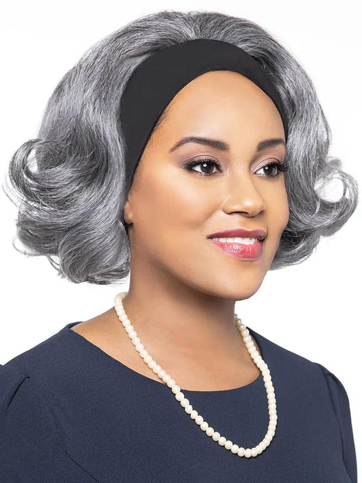 SOUL LADY Salt And Pepper Grey Wigs, Body Wave Headband Human Hair Wigs For Seniors Silver Gray Body Wave Headband Wig Non Lace Bob Wig 12 Inch