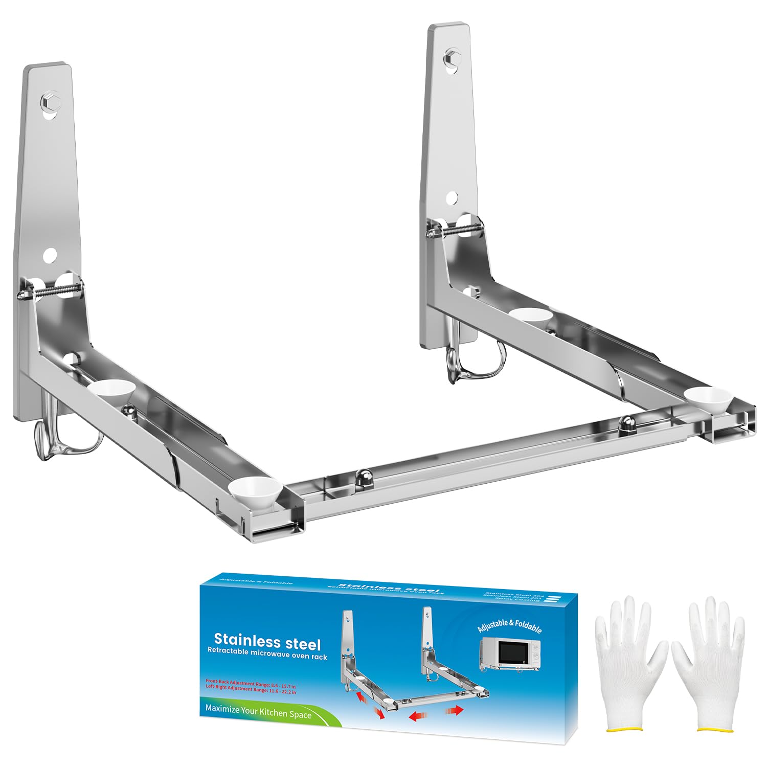 EsLuker.ly Soporte universal de pared para horno de microondas de acero inoxidable con ganchos extraíbles, brazo ajustable plegable para cocina, soporte para horno elástico, carga de 100 libras