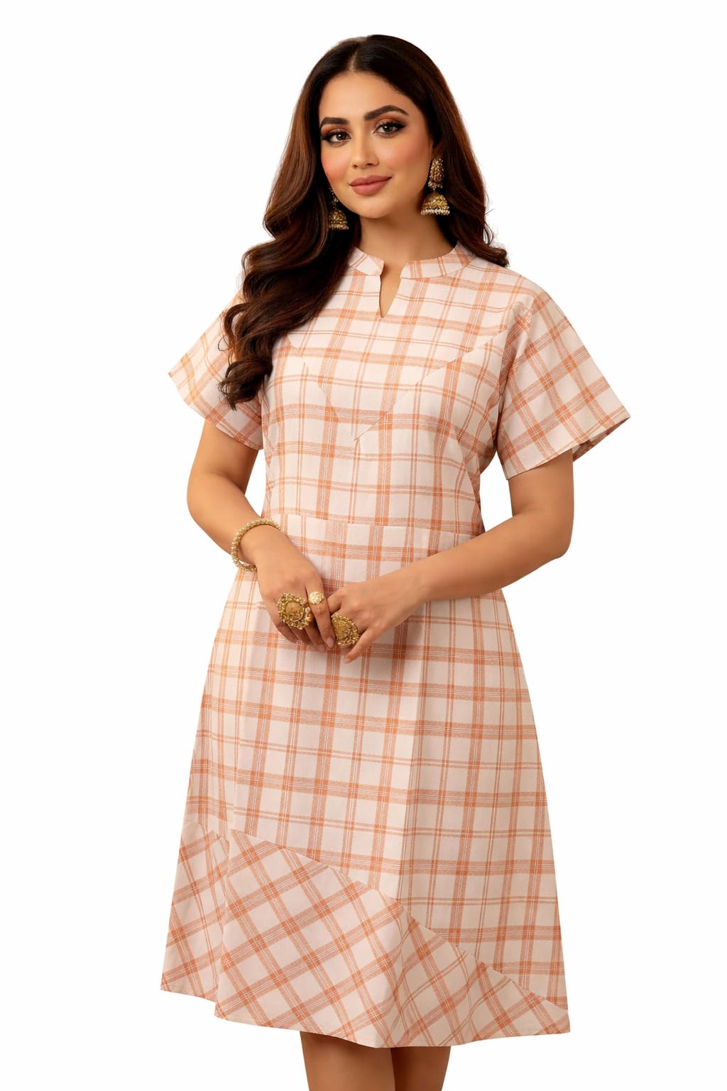 Women Cotton Checked A-Line Kurti Dress | Casual Short Sleeve Knee Length Dress-image-42