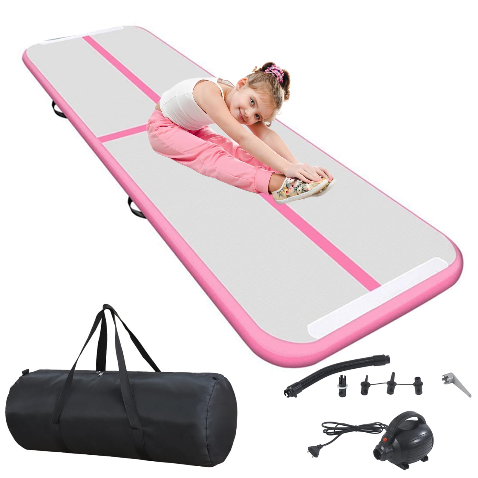 BSTSEL Inflatable Air Gymnastics Tumbling Track Mat 10ft 13ft 16ft 20ft Thickness 4in, Home Gymnasiums Yoga Dance Training Exercise Fitness Mat with Air Pump (Pink, 20ft*3.3ft*4in (600 * 100 * 10cm))