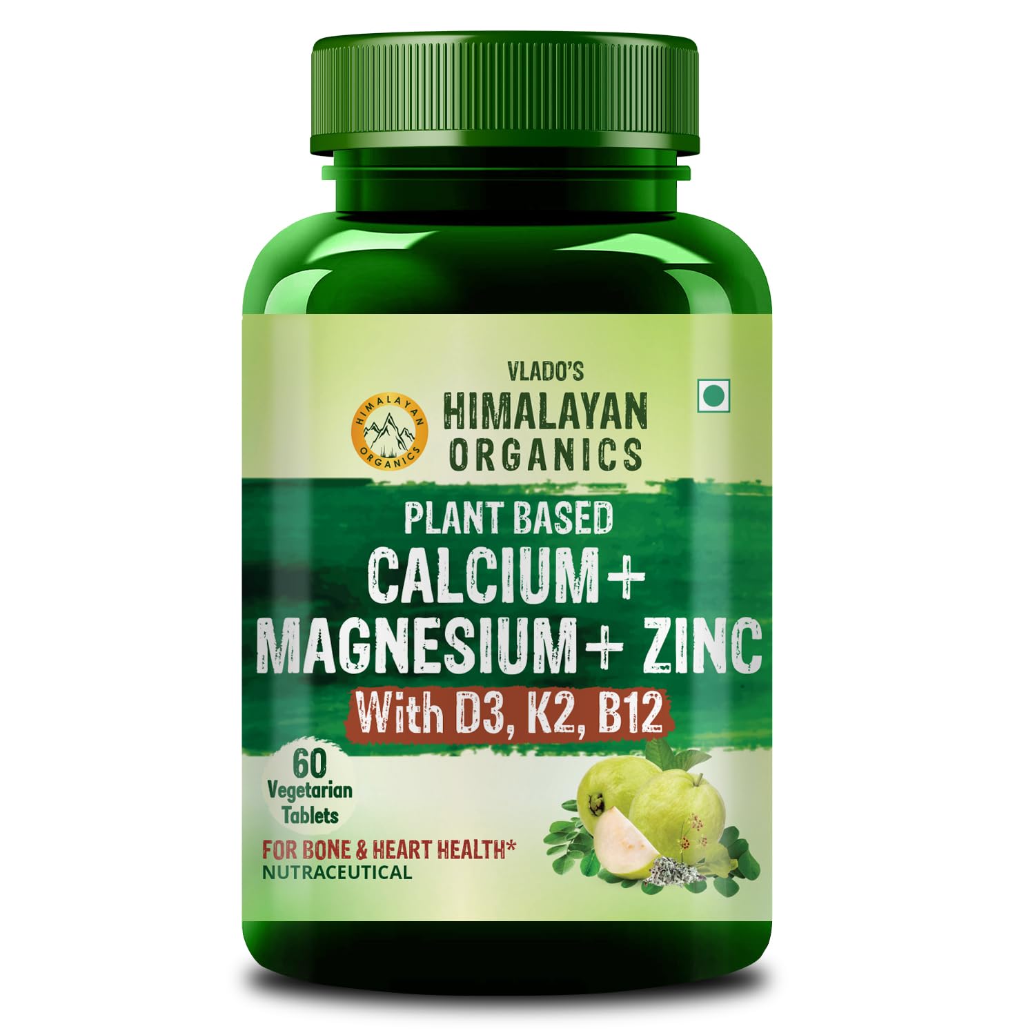 Vlado’s Himalayan Organics Plant Based Calcium Magnesium + Zinc | Vitamin D3+k2 Supplement For Stronger Bones | Boost Immunity | Healthy Heart | Muscle Growth - 60 Veg Tablets