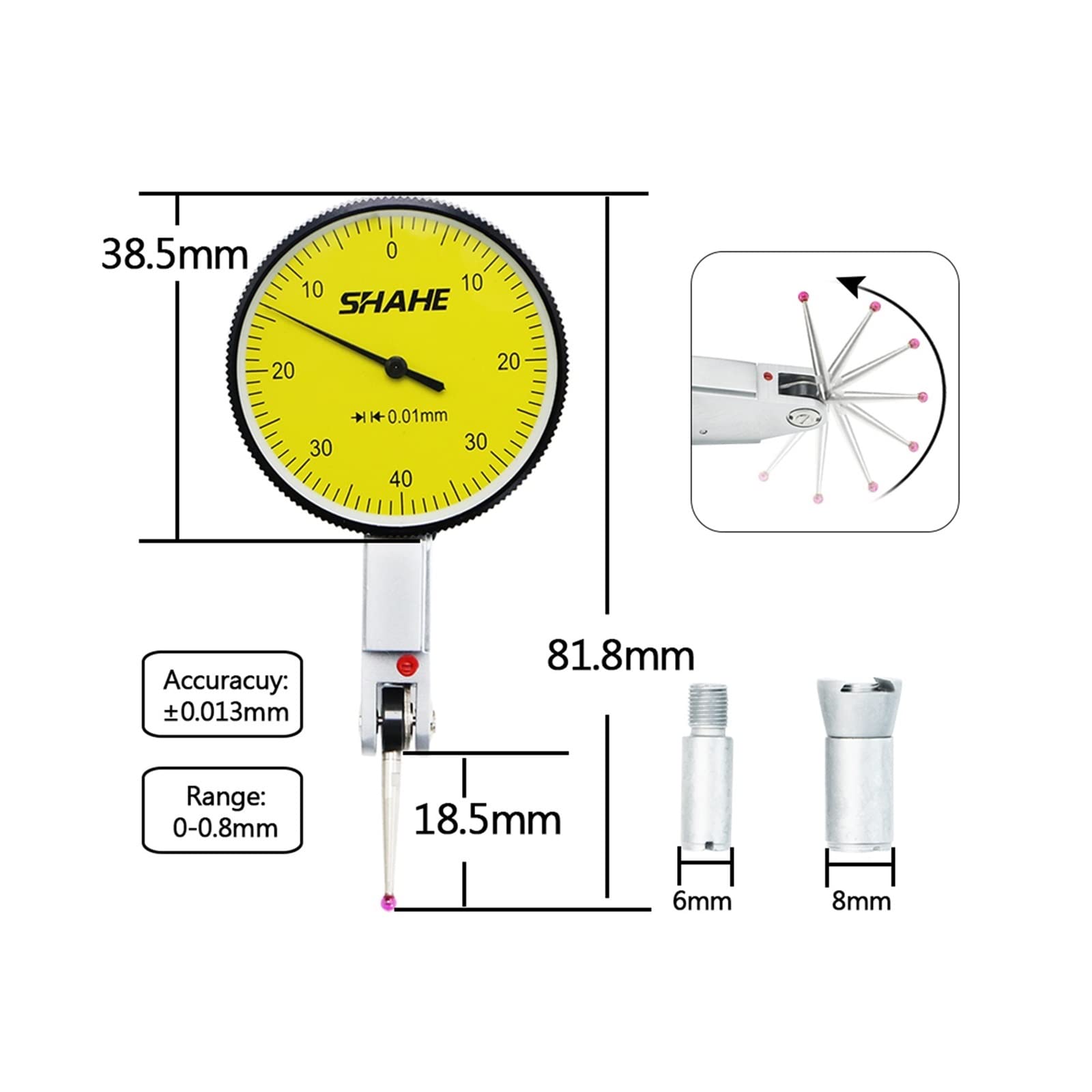 Comparatore Centesimale, Strumenti di precisione 0-0,8 mm 0,01 mm Indicatore di test del quadrante metrico con indicatore di quadrante di misurazione metrico gioiello rosso per Falegnameria, Officine,