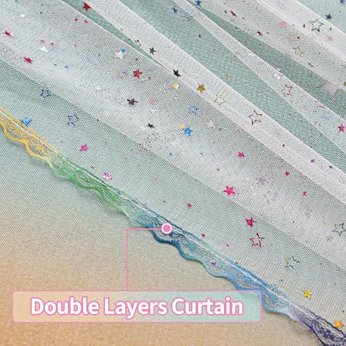 Image of 52x72 Kids & Girls Rainbow Ombre Double Layer Star Cutout Blackout Curtains with Foil Print Sheer, 2 Panels Set - Orange Green Magenta