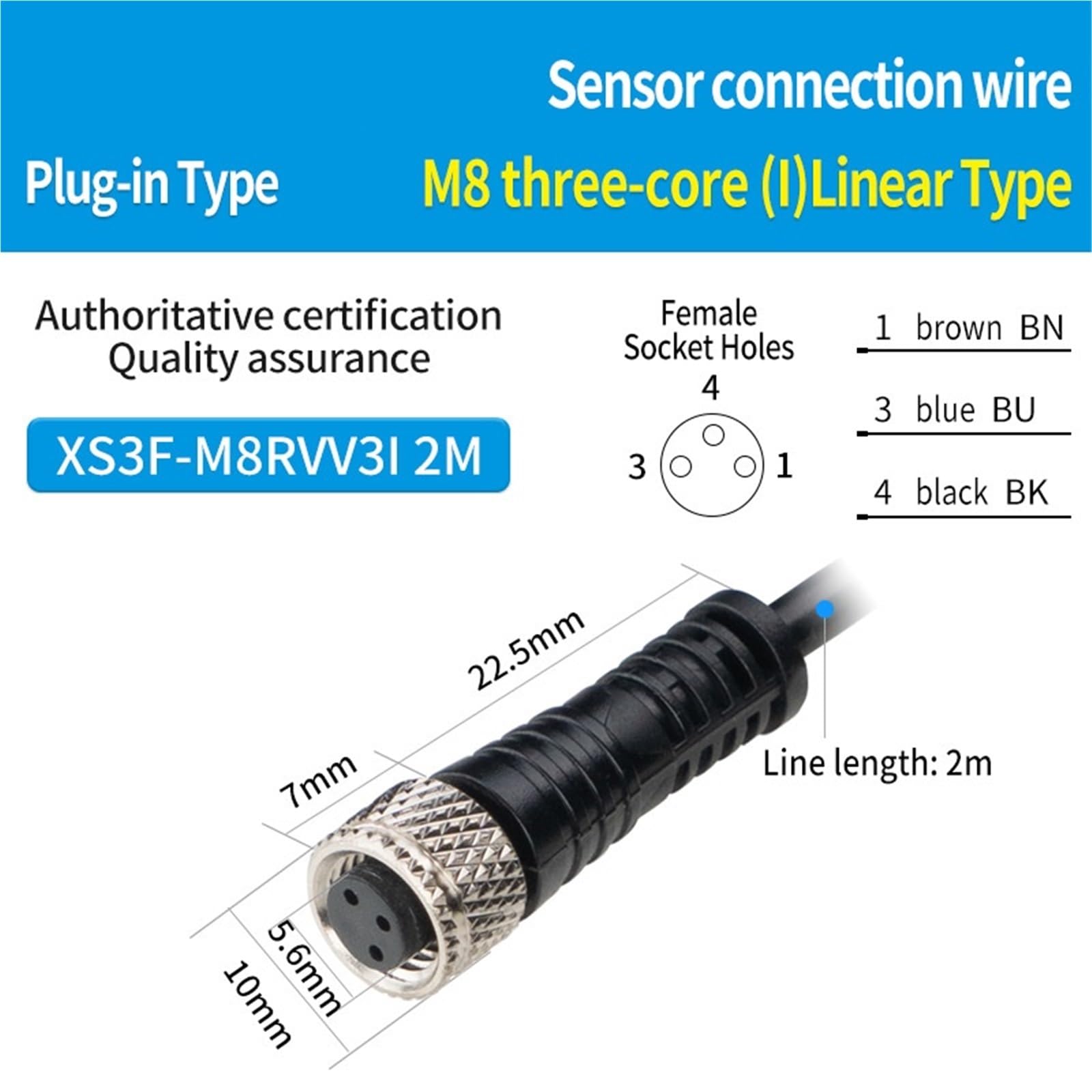 Cable Impermeable del Sensor Cable de señal de Curva Recta Macho y Hembra de 3 núcleos y 4 núcleos(XS3F-M8RVV3I 2M)