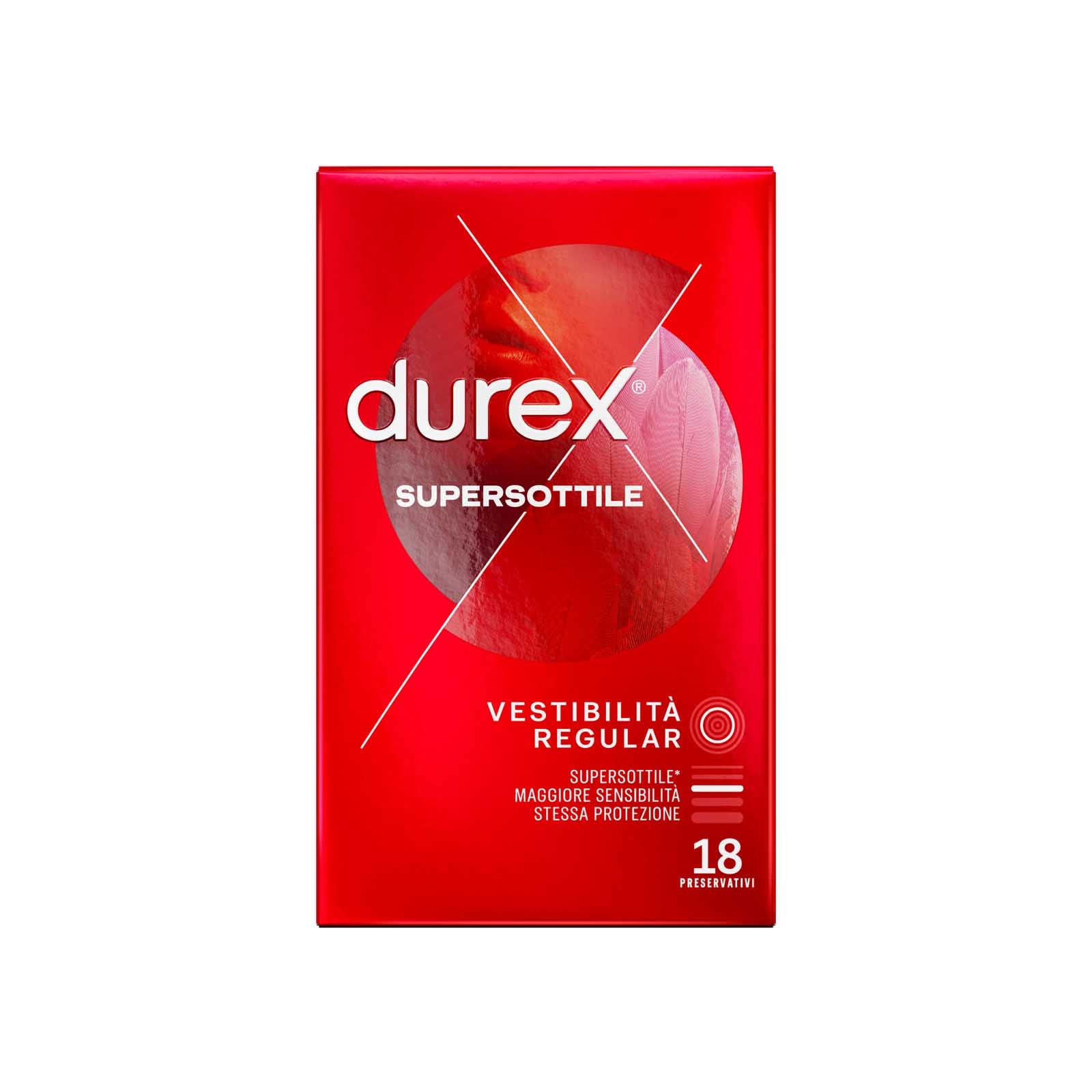 Durex Supersottile Preservativi Uomo in Lattice di Gomma Naturale Trasparenti e Lubrificati Forma Easy-On con Serbatoio Vestibilità Regular Spessore Sottile - 4 Confezioni da 18 Profilattici
